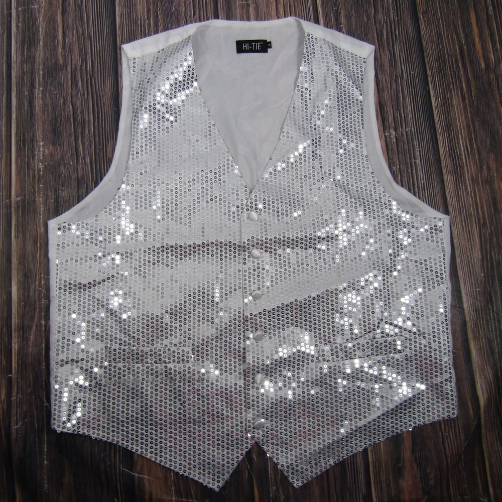 HI-TIE Suit Vest Mens XL White Sequin Formal Party Waistcoat Adjustable Sparkle